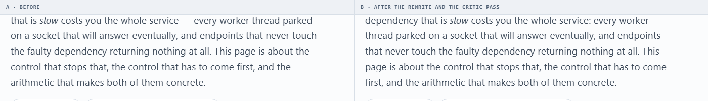 The same paragraph shown twice side by side. On the left it contains two em dashes; on the right the same sentences carry a colon and a comma in their place, with the wording otherwise unchanged.