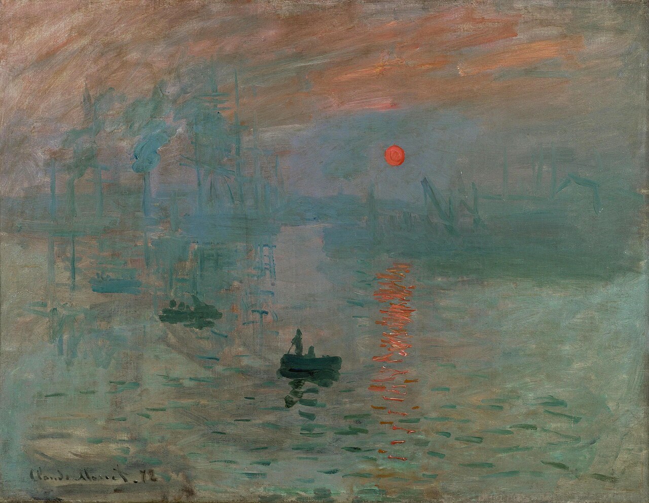 Claude Monet, Impression, Sunrise, 1872: a harbour at dawn in cool blue-grey, with a small hot orange sun over the water and dark boats in the foreground.