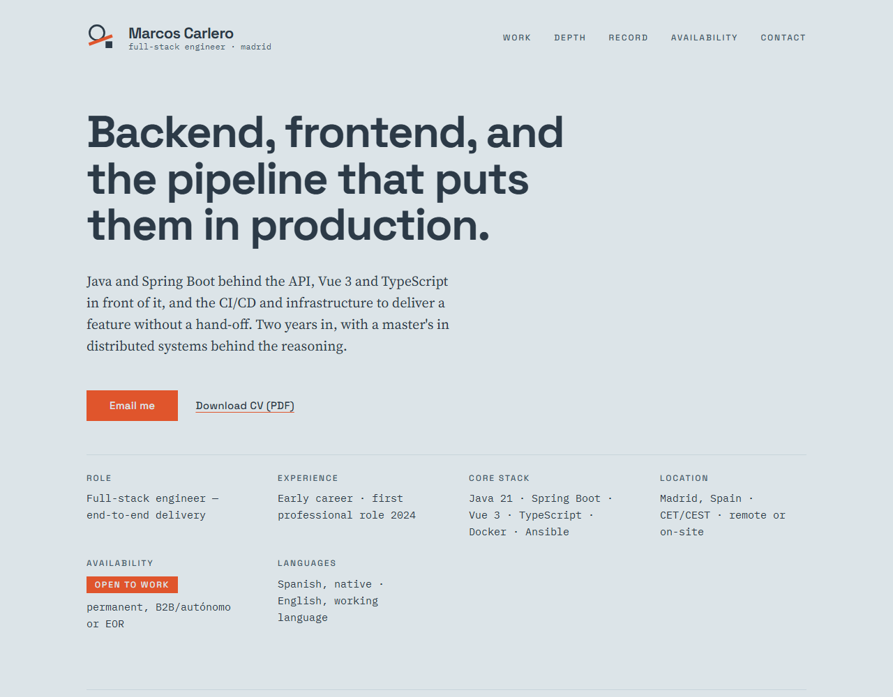 The landing page on its first day: fog-grey ground, a large grotesque headline, an orange accent button, and a column of mono-set facts beneath it.