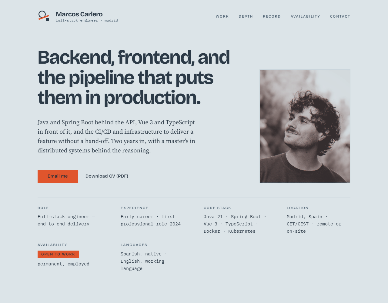 The landing page as deployed today, with the portrait rendered through the two-ink plate filters rather than as a plain photograph, and a simplified contact area.